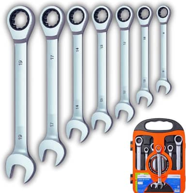 Kit 7 Chaves Combinadas com Catraca Articulada | Aço Cromo Vanádio | Cromado Fosco | Estojo Incluso