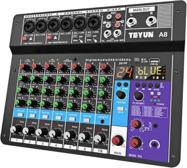 A8 Console de mistura,8 Canais Mixer Profissional para Shows ao Vivo, Karaokê - USB/Bluetooth, Efeito de Reverb, Saída de Monitoração, Controle de Som Estúdio e Palco (Alimentação 110V/127V/220V)