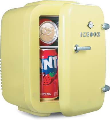 ICEBOX IBMF4SUN Geladeira para quarto, cuidados com a pele, refrigerador portátil e aquecedor de maquilhagem, para escritório e frigorífico doméstico, mini (4 L / 6 latas), amarelo sol