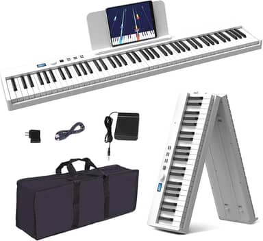 VEDO Piano digital dobrável de 88 teclas, tamanho normal, semi-pesado, com Bluetooth, estante para partituras, pedal de sustain e bolsa para piano, na cor branca (Teclado não iluminado (branco))