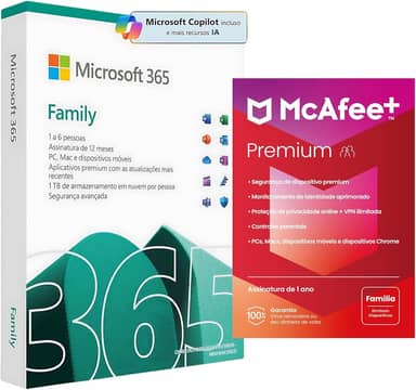 Microsoft 365 Family + Antivírus McAfee Premium Family 2024 - Licenças Físicas para Dispositivos, Segurança Avançada e Suporte Técnico (PAI) (Microsoft 365 Family Antivírus Premium Family)