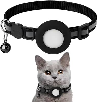 Refletivo para coleira AirTag, coleira e sino de rastreador integrados, coleiras de GPS para gatos com faixa elástica de segurança para gatinhos e filhotes, preta