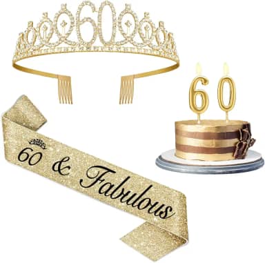 Decorações de 60 anos para mulheres em ouro, incluindo faixa e tiara de 60 anos, topo de bolo de 60 anos e velas número 60, presentes de feliz aniversário de 60 anos para mulheres (ou
