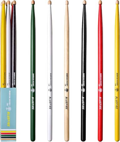 6 bastões/3 pares de baquetas 5A (cor sortida), baquetas clássicas de 5A, baquetas de nogueira com pontas de bolota, para bateria acústica ou eletrônica, baqueta Bluefire, peso correspondente.