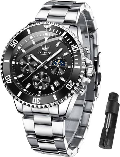 OLEVS Relógio masculino, mostrador grande, de aço inoxidável, à prova d'água, analógico, quartzo, clássico, executivo, luxuoso, luminoso, redondo, para homens, com bisel rotativo