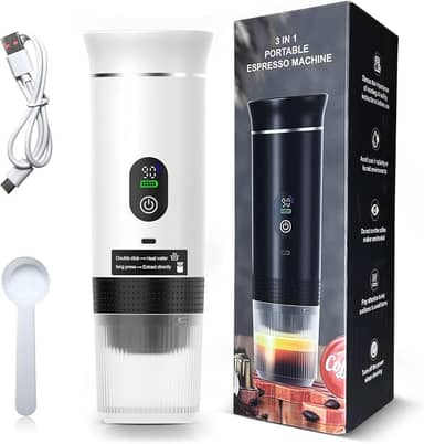 Máquina de Café Portátil 3 em 1, Cafeteira Expresso Portátil Elétrico com Bateria 2500mAh, Display Digital, Compatível com Cápsulas e Pó, 72W, 150ml, Branco