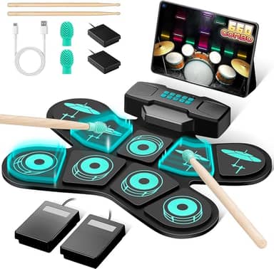 ANVAR Kit de bateria eletrônica portátil VD-SJG，Eletrônica Portátil com 9 Pads Sensíveis, Alto-falantes Duplos, Conexão MIDI e 4h de Bateria - Ideal para Iniciantes, Prática em Casa e Presente Musical