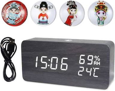 Relógio de Alarme Digital Madeira LED com Controle por APP Display Temperatura Umidade e Data Eletrônico Mesa 4 Níveis Brilho Som Alimentação via USB