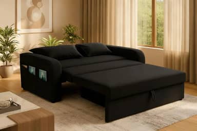 Sofá Cama Com Baú 2 Lugares 140cm Lady Day Retrátil Com Almofadas Veludo Preto Aconchegante