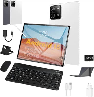3 em 1 Tablet, com Capa/Teclado/Mouse, 10.1 Polegada, 1920×1200 Tela, 1920x1200 Tela Processador Octa-Core, 12GB RAM+512GB ROM, Câmera de 16MP + 32MP, Android 15, 8000mAh, Versão WiFi (branco)