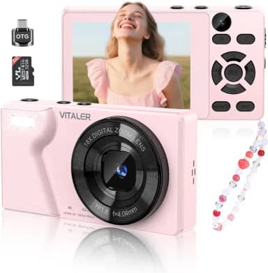 Câmera digital com lente frontal traseira, câmera de foco automático de 64 MP 4K para fotografia com cartão de 32 GB, câmera compacta portátil para adolescentes adultos iniciantes com capa de