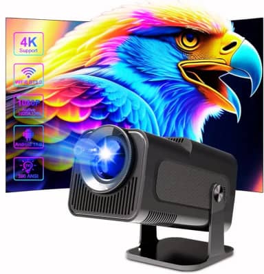 Projetor Mini 4K Portátil Smart Android HD Wifi Bluetooth LED 1080p Full TV 110V/220V com HDMI 12,000 Lumens Led com 4D/4P e Auto de Correccao, 180° Giratorio, Zoom Eletronico
