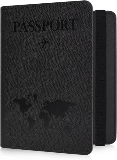 Suporte fino para passaporte com bloqueio RFID – Capa carteira para passaporte com design de mapa do mundo, acessórios de viagem elegantes | Fecho de alça elástica (preto-SZW), Preto-SZW, Passport