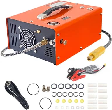 Função de parada automática Compressor de ar industrial portátil, laranja e preto, com alça de transporte e ventilador de resfriamento Pressão de até 4500psi 300bar Tensão aplicável 12V/110V/220V