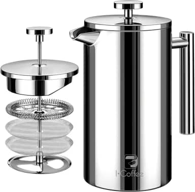 Cafeteira de Prensa Francesa de Aço Inoxidável de 700 ml com Filtro de 4 Estágios e Isolamento Duplo (Prata)