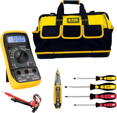 kit eletricista profissional com Bolsa Reforçada + Caneta Detectora + Kit Chave Philips e Fenda + Multímetro Digital