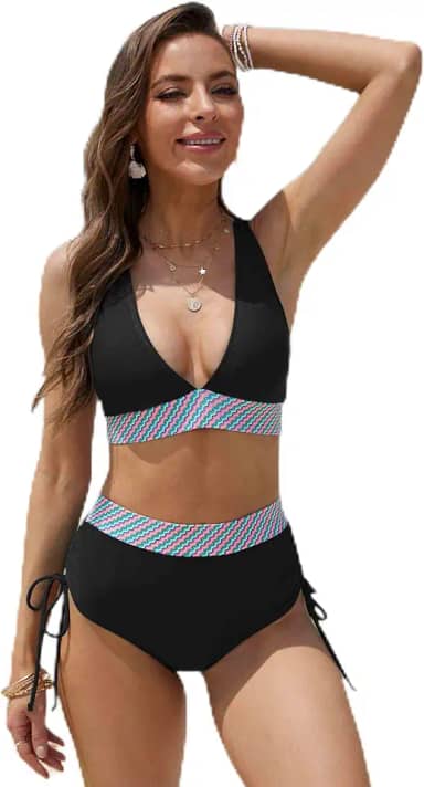 Conjunto de biquíni feminino de cintura alta com 2 peças, roupa de banho com controle de barriga e cordão colorido L2508ZW, Preto, P