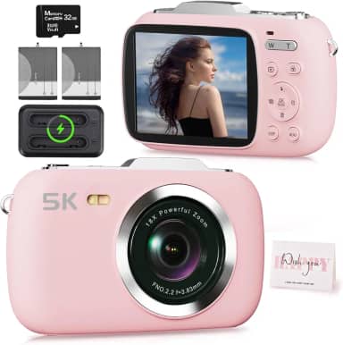 Câmera digital rosa 5K para fotografia, câmera de vlogging portátil UHD de 80 MP, câmera de disparo e ponto de viagem com zoom 18X barata com cartão TF de 32 GB, câmeras fotográficas para adolescentes