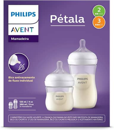 Philips Avent Kit de Mamadeira Pétala 3.0, 125ml bico fluxo lento (Fluxo 2), 260ml bico fluxo médio (Fluxo 2), SCD838/26