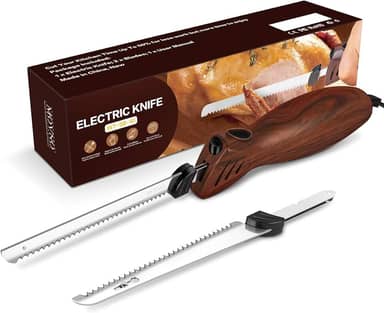 MOVNO Faca elétrica para fatiar carne, esculpir peru, pão, aves, filé, espuma de artesanato e muito mais, 2 lâminas de aço inoxidável serrilhadas alternativas, cabo ergonômico, cabo de 152 cm