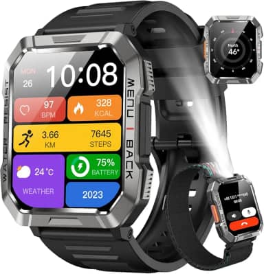 Relógio Inteligente,Smartwatch Militar,My Watch de Chamadas Bluetooth,Relógio de Fitness,Rastreador de Fitness e Rastreador de Atividades,IP68 à Prova D'água,Lanterna,Bateria de 900mAh,Preto