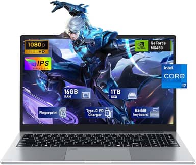 Laptop para jogos, laptop de 15,6 polegadas, processador i7-1195G7 4C/8T (até 5 GHz), gráficos MX450, 16 GB de RAM, SSD de 1 TB, tela FHD 1920 x 1080 de 15,6 polegadas, WiFi 5, BT4.2, teclado