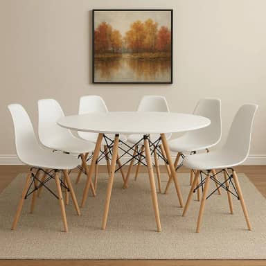 Conjunto de Mesa de Jantar Eames Eiffel Redonda 120cm Tampo de Madeira com 6 Cadeiras Eiffel Charles Eames (Branco)
