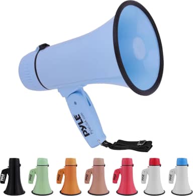 Pyle Megafone Bullhorn de 20 W - portátil, sirene automática e volume ajustável, alcance de projeção de até 400 jardas quadradas, entrada auxiliar, talk, sirene, música, apito e gravação, alça de