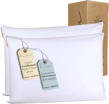 Kama Kit 2 Travesseiros Viscoelásticos Premium Original Coolfoam® - Classic Percal 200 Fios - Médio 12cm, capa hidrorrepelente removível, lavável, hipoalergênico