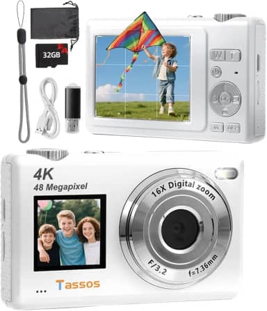 Câmera digital, câmera para vlogs, câmera fotográfica 48MP 4K - Câmera digital compacta com tela dupla, cartão de 32 GB, zoom digital de 16x e estabilizador de imagem para e iniciantes. (branco)