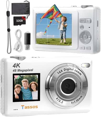 Câmera digital, câmera para vlogs, câmera fotográfica 48MP 4K - Câmera digital compacta com tela dupla, cartão de 32 GB, zoom digital de 16x e estabilizador de imagem para e iniciantes. (branco)