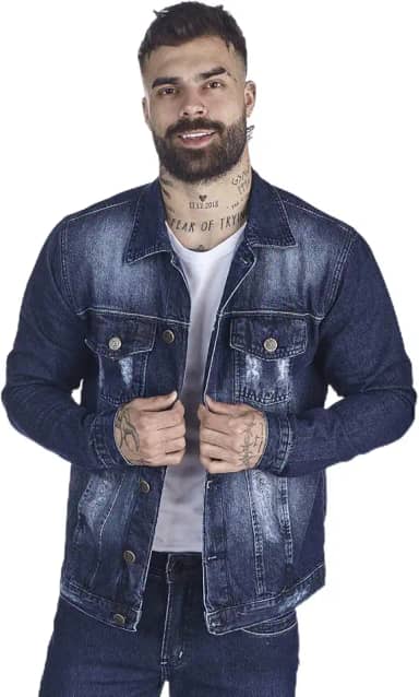 Jaqueta Jeans HNO Jeans Premium Leve Destroyed Used Azul