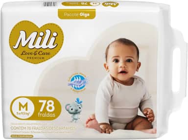 Mili Fralda Infantil Love & Care Tamanho M, Alta Absorção, Ajuste Confortável, 78 Unidades