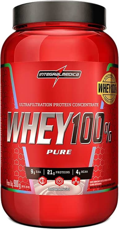 Integralmedica - Whey Protein Concentrado Morango 100% Pure - 21g de Proteína por Scoop, Suplementação Alimentar Pós-Treino, Fórmula Enriquecida com BCAAs - Pote 900g