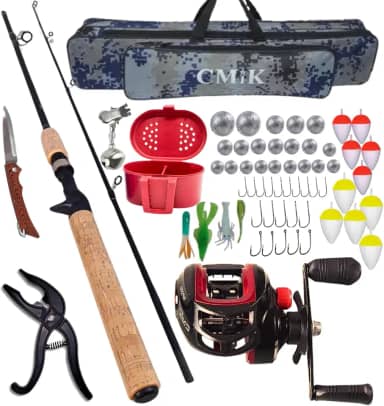 Kit de Pesca Completo, Vara com Carretilha, Bolsa porta vara, Acessórios com Anzóis, Iscas, Alicate e Canivete