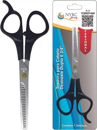 Tesoura Para Cabelo Desbaste Simples NYBC Beauty - 6 3/4" - 175mm, Preta, Leve e Eficiente, Para Uso Doméstico e Profissional