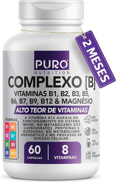 Complexo B Puro Nutrition – Vitaminas B1, B2, B3, B5, B6, B9, B12 e Magnésio, 60 Cápsulas