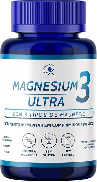 Magnésio 3 em 1 - Taurato + Dimalato + Quelato - Suplemento Alimentar - Sem Glúten, Sem Lactose - 60 Comprimidos - NutriAge