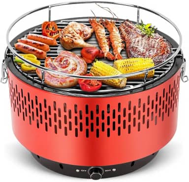 Portatil Churrasqueira Carvao, Table Grill, Braseiro Esmaltado, Churrasqueira de Mesa, Grelha Removível de 34,5 cm, Botão de Controlo do Fluxo de Ar para Ajuste Preciso da Temperatura, Vermelho