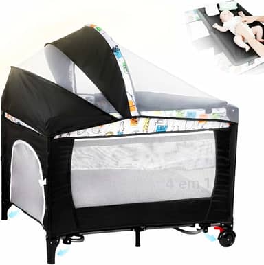 Berço Portátil 3 em 1 cercadinho Infantil Até 15 Kg chiqueirinho moises para bebe com Mosquiteiro, Barra de Brinquedos Trocador Móbile e Bolsa - berco acoplado a cama - Seguro, Confortável e Compacto
