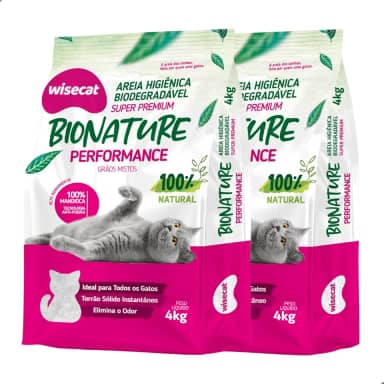 Kit 2 Areia Higiênica Biodegradável Grãos Mistos 4kg Para Gatos Performance Sanitária BioNature Super Premium Mandioca Natural