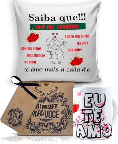 Almofada 40X40 + Caneca Branca Mundo Dos Namorados, Saiba Que Eu Te Amo, Saiba Que!!! Voc� Me Completa, Te Amo Mais a Cada Dia