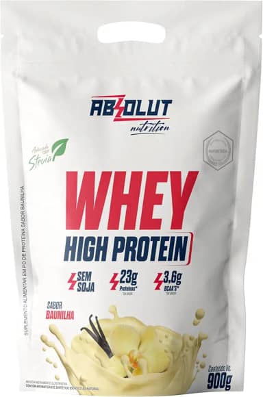 Absolut Nutrition, Whey high protein, 23 gramas de proteína, adoçado com stevia, Sabor baunilha, Pouch, 900 gramas