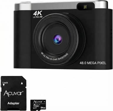 Acuvar Câmera Digital 4K Para Fotografia Com Foco Automático, Vlog De 48 Mp No Youtube, Cartão Sd 64 Gb, Tela Flip 2,8", Zoom Compacto Viagem 8X, Flash, Antivibração, Bateria Recarregável