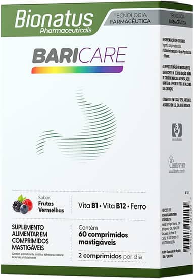 Bionatus, BariCare, Comprimidos mastigáveis, Suplemento alimentar, Vitamina B1 1,2mg + Ácido Fólico 400mcg DFE + Vitamina B12 2,4mcg + Cobre 900mcg Ferro 14mg, 60 comprimidos • 60 doses, Branco