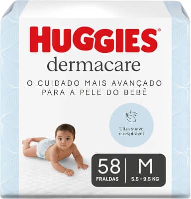 Fralda Huggies Premium Dermacare Tamanho M - 58 Fraldas Premium com formato anatômico, materiais ultra macios e respiráveis. Super absorção de até 12 horas e ajuda previnir assaduras