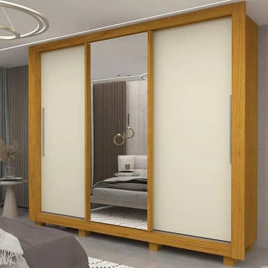 Guarda-roupa Casal 3 Portas 1 Porta Espelhada com Pés Milão Yescasa 100% MDF Naturale/Off White