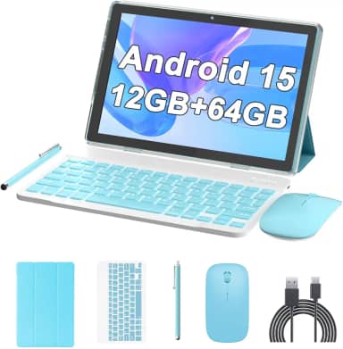 Tablet de 10 polegadas Android 15 (não vai), tablets 2 em 1 com teclado 12 GB de RAM + 64 GB de ROM (suporta expansão de 1 TB) Tableta 2 MP + câmera de 8 MP 6000 mAh, mouse/capa/Stylus 5G Wifi-6