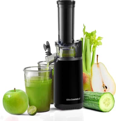 Elite Gourmet EJX600 Compacto Pequeno Espremedor de Espremedor Lento Mastigatório, Extrator de suco prensado a frio, denso em nutrientes e vitaminas, Tritan livre de BPA, fácil de limpar, copo de suco