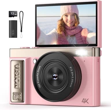 Câmera digital 4K rosa para meninas adolescentes: Câmera vlogging de 64 MP com tela flip - Zoom de 16X - Câmera compacta fofa para fotografia e YouTube - Presente estético de apontar e fotografar para